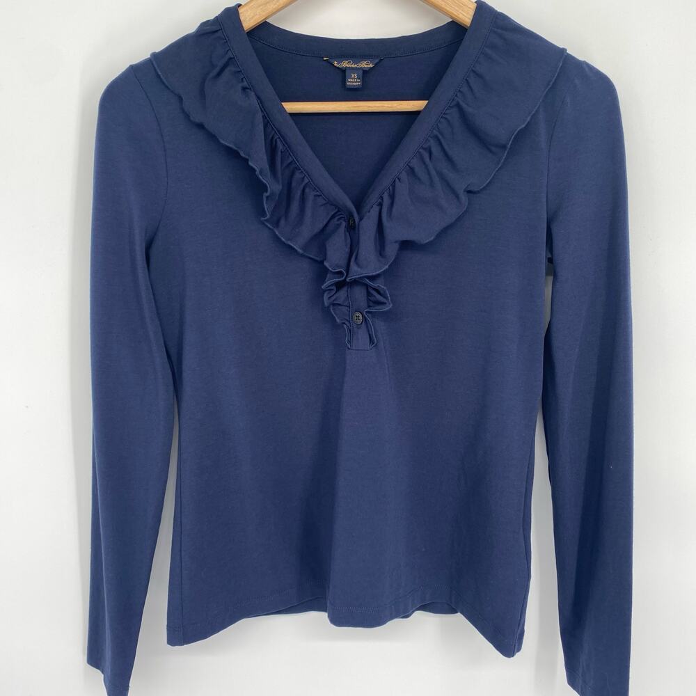 Brooks Brothers Top Women’s XS Ruffle Collar Feminine Romantic Quiet Luxury Navy